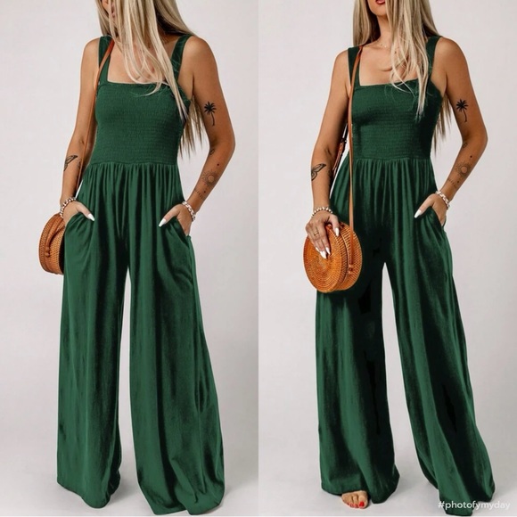 Boho Smocked Cami Top Wide Leg Pants Jumpsuit Green - Picture 1 of 11